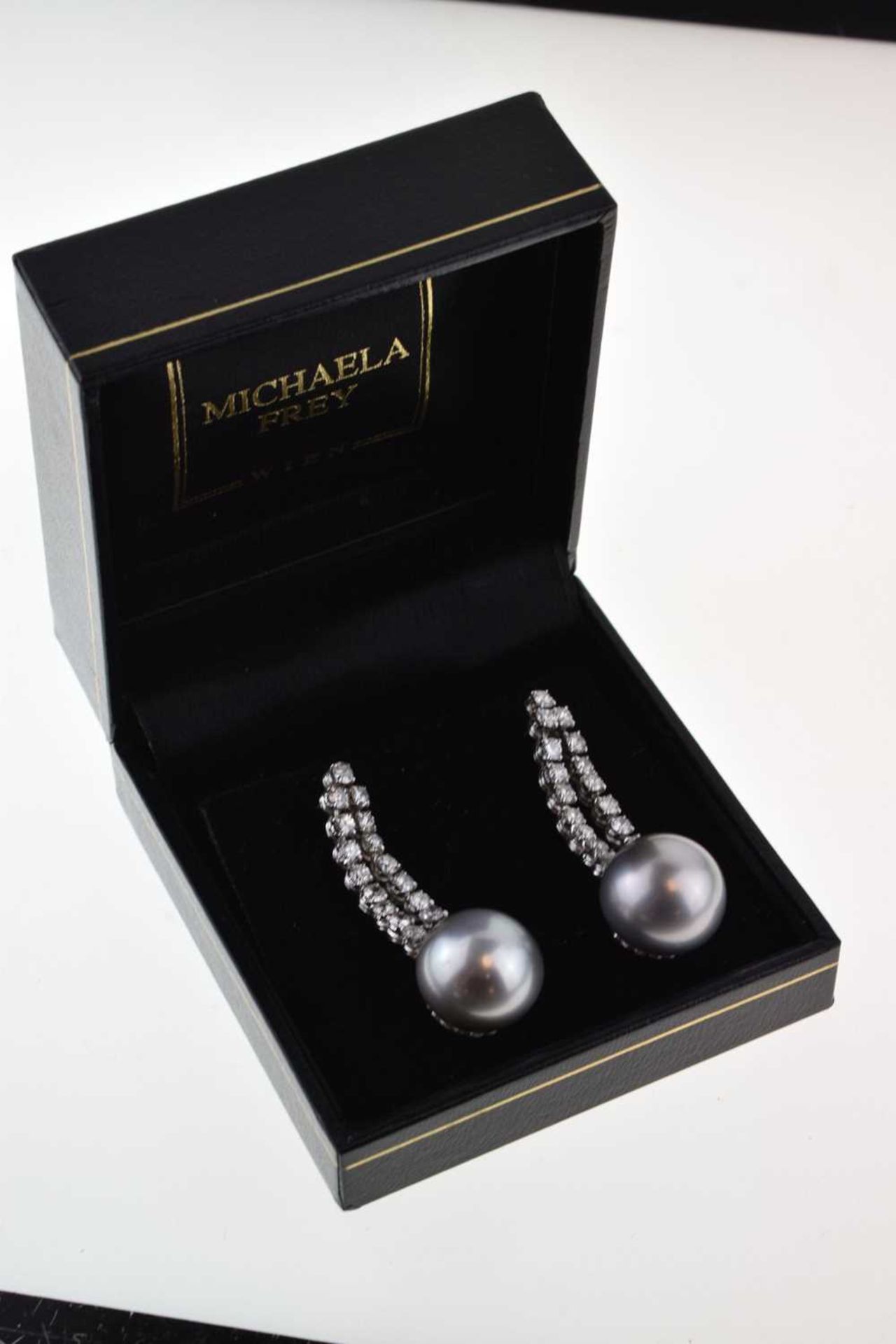 Pair of grey South Sea cultured pearl and diamond drop earrings - Image 9 of 10