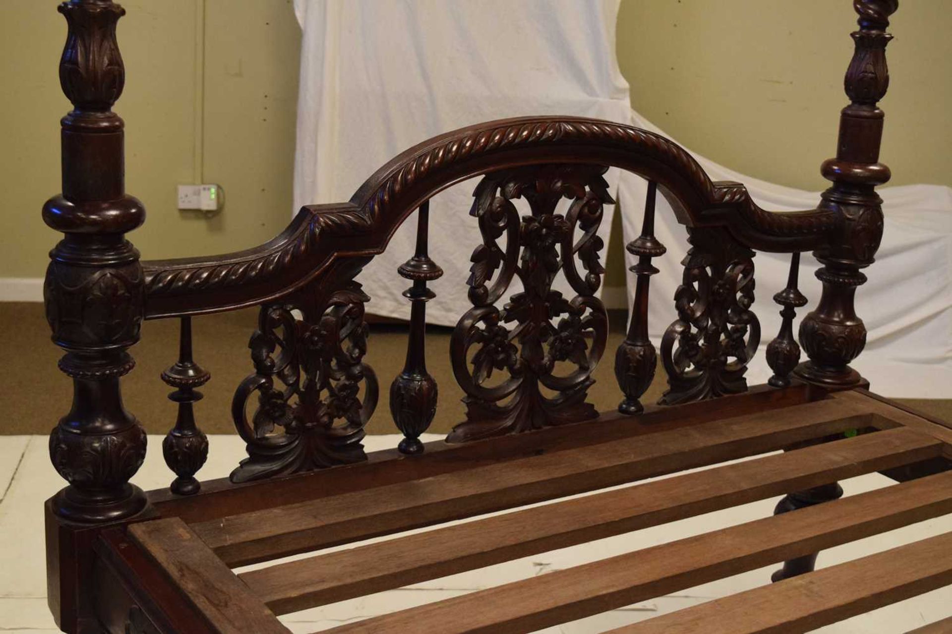 Anglo Indian Colonial carved hardwood four poster double bed - Image 3 of 14