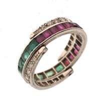 Art Deco 'day and night' emerald, ruby and diamond white metal ring