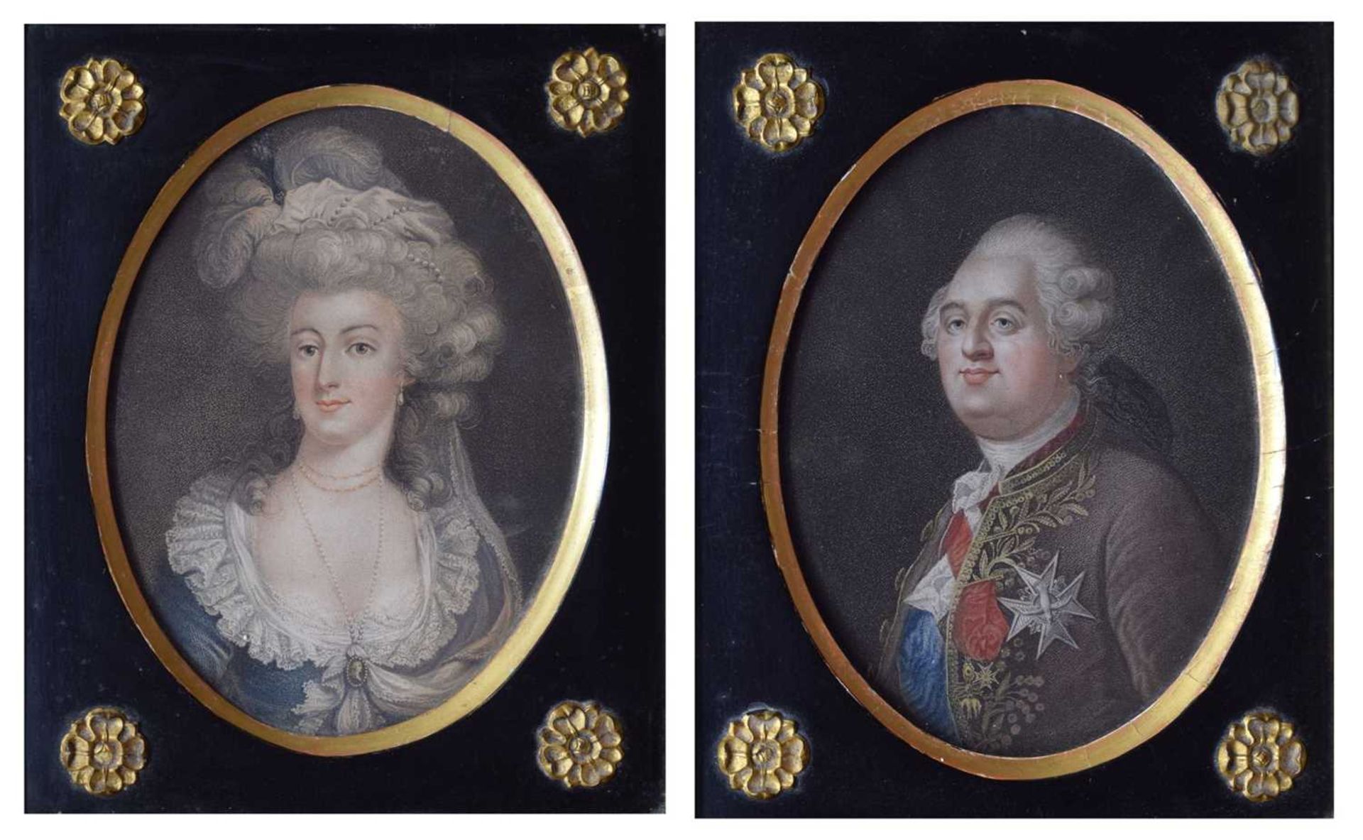 Two 18th century coloured mezzotints of Louis XVI and Marie Antoinette