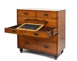 Late 19th century brass-bound teak campaign secretaire chest