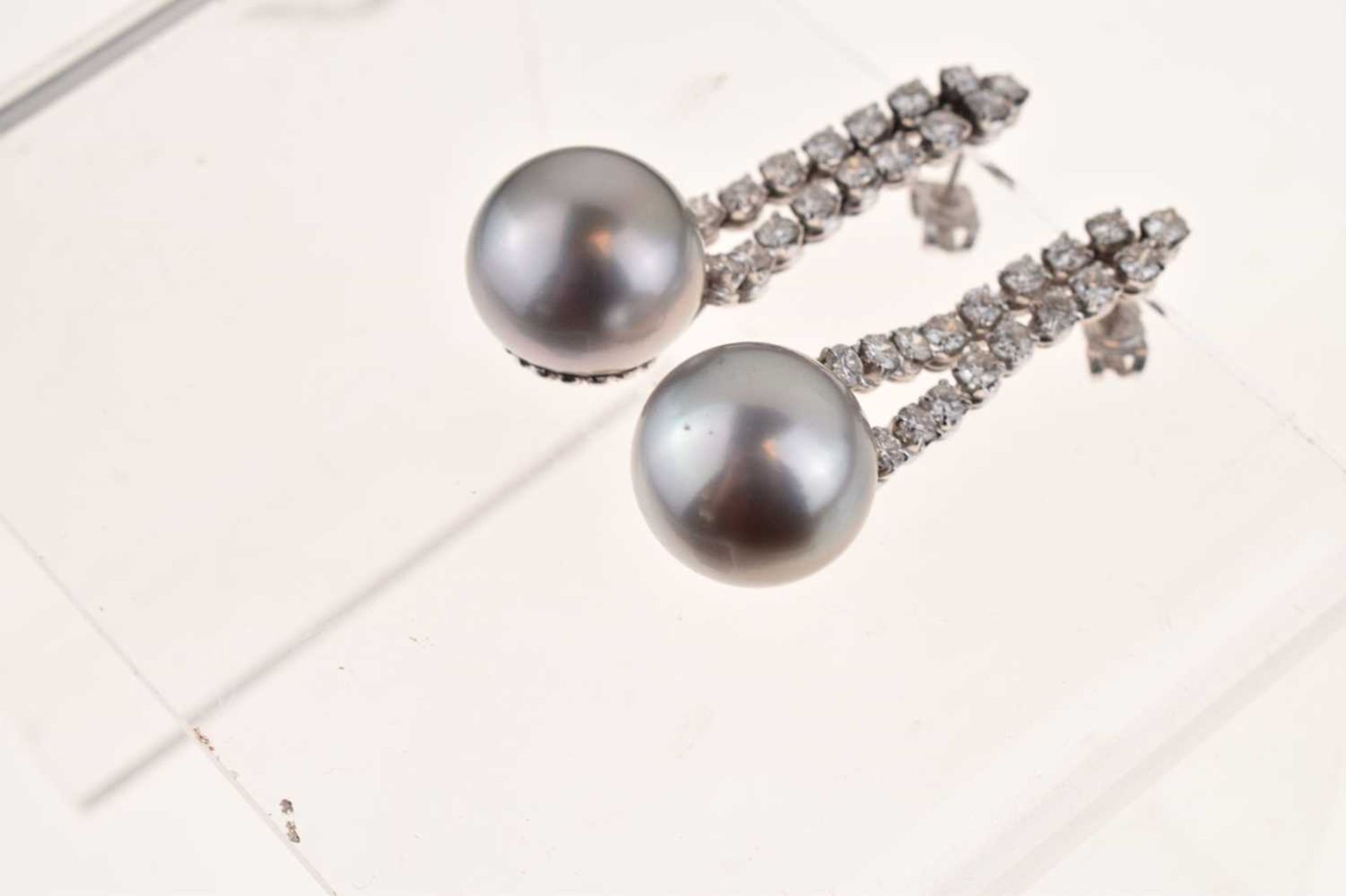 Pair of grey South Sea cultured pearl and diamond drop earrings - Image 3 of 10