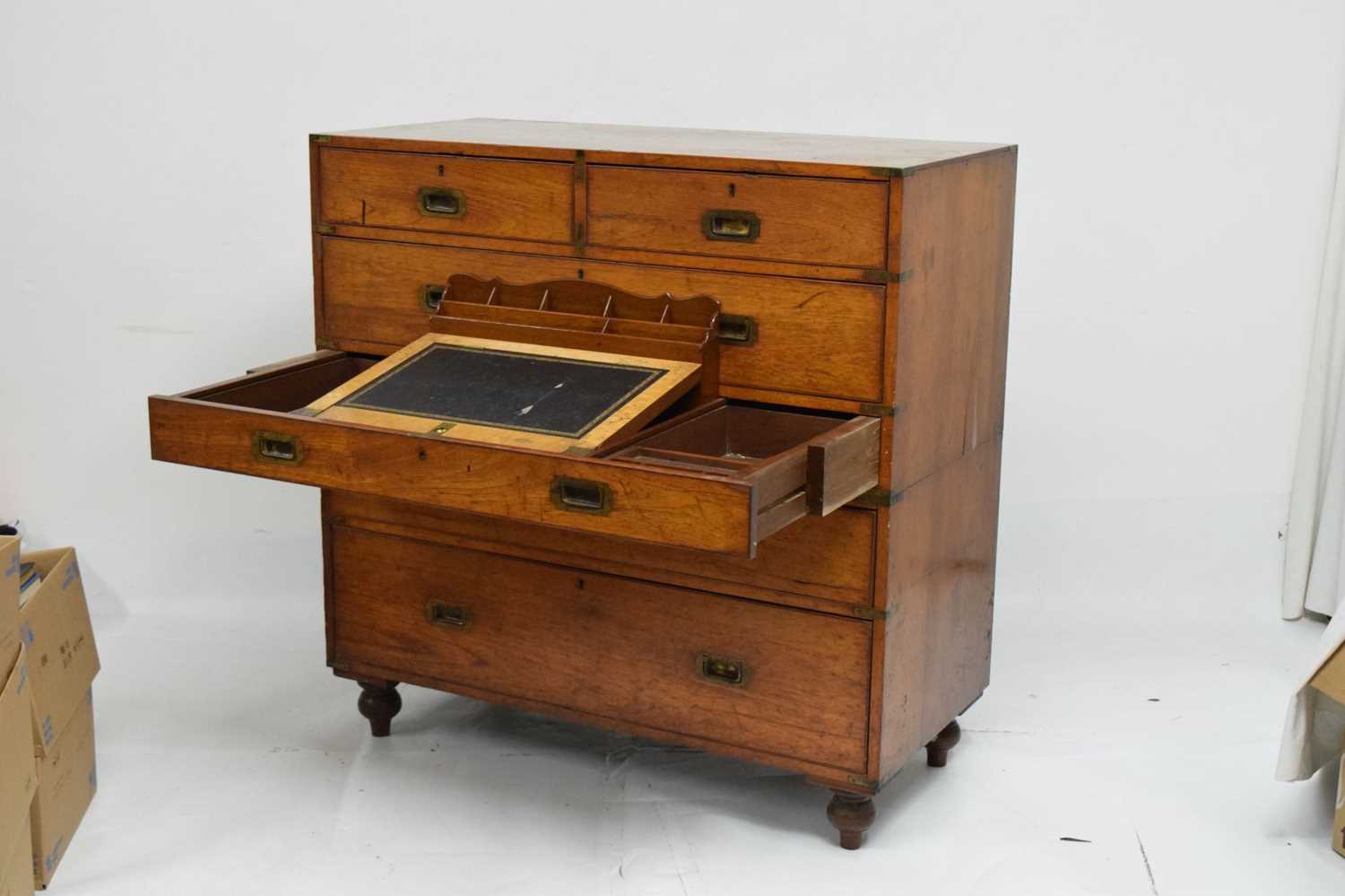 Late 19th century brass-bound teak campaign secretaire chest - Image 16 of 16