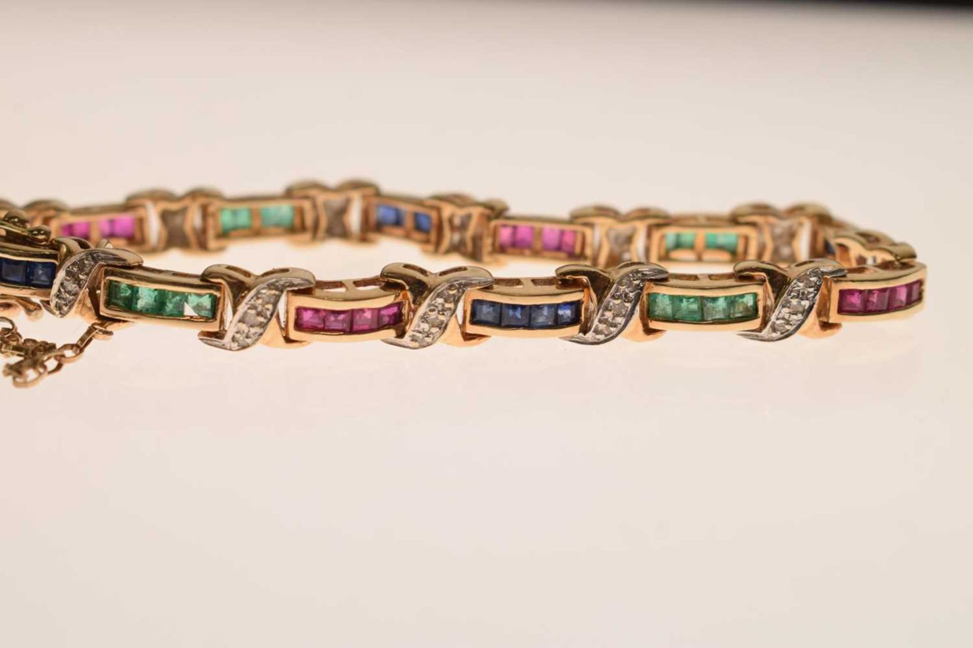 Diamond, ruby, sapphire and emerald yellow metal bracelet - Image 7 of 12