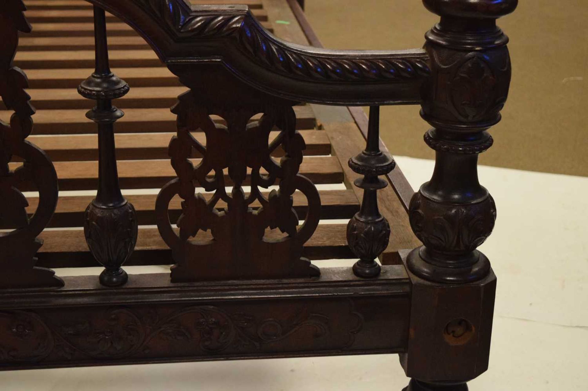 Anglo Indian Colonial carved hardwood four poster double bed - Image 9 of 14