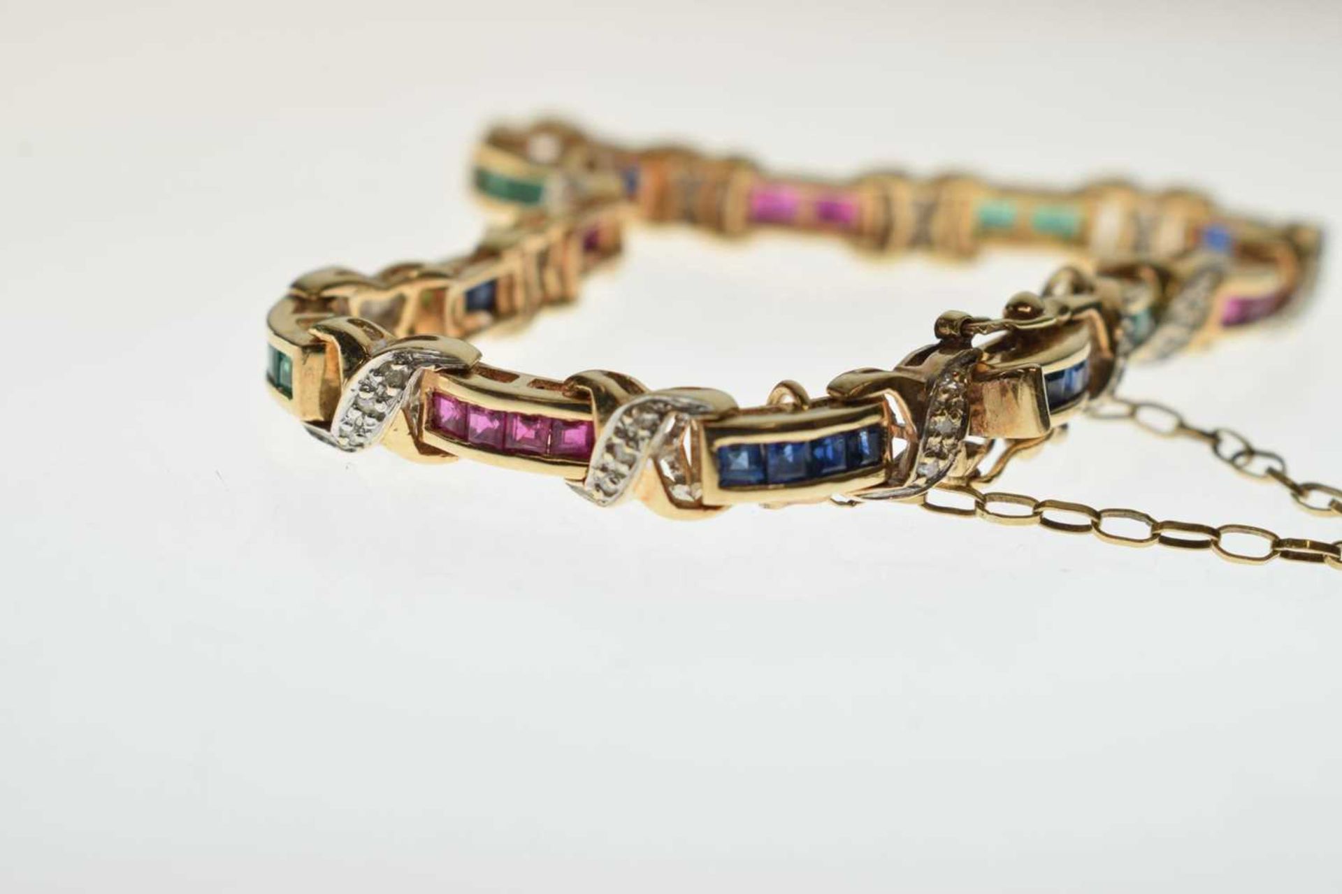 Diamond, ruby, sapphire and emerald yellow metal bracelet - Image 5 of 12