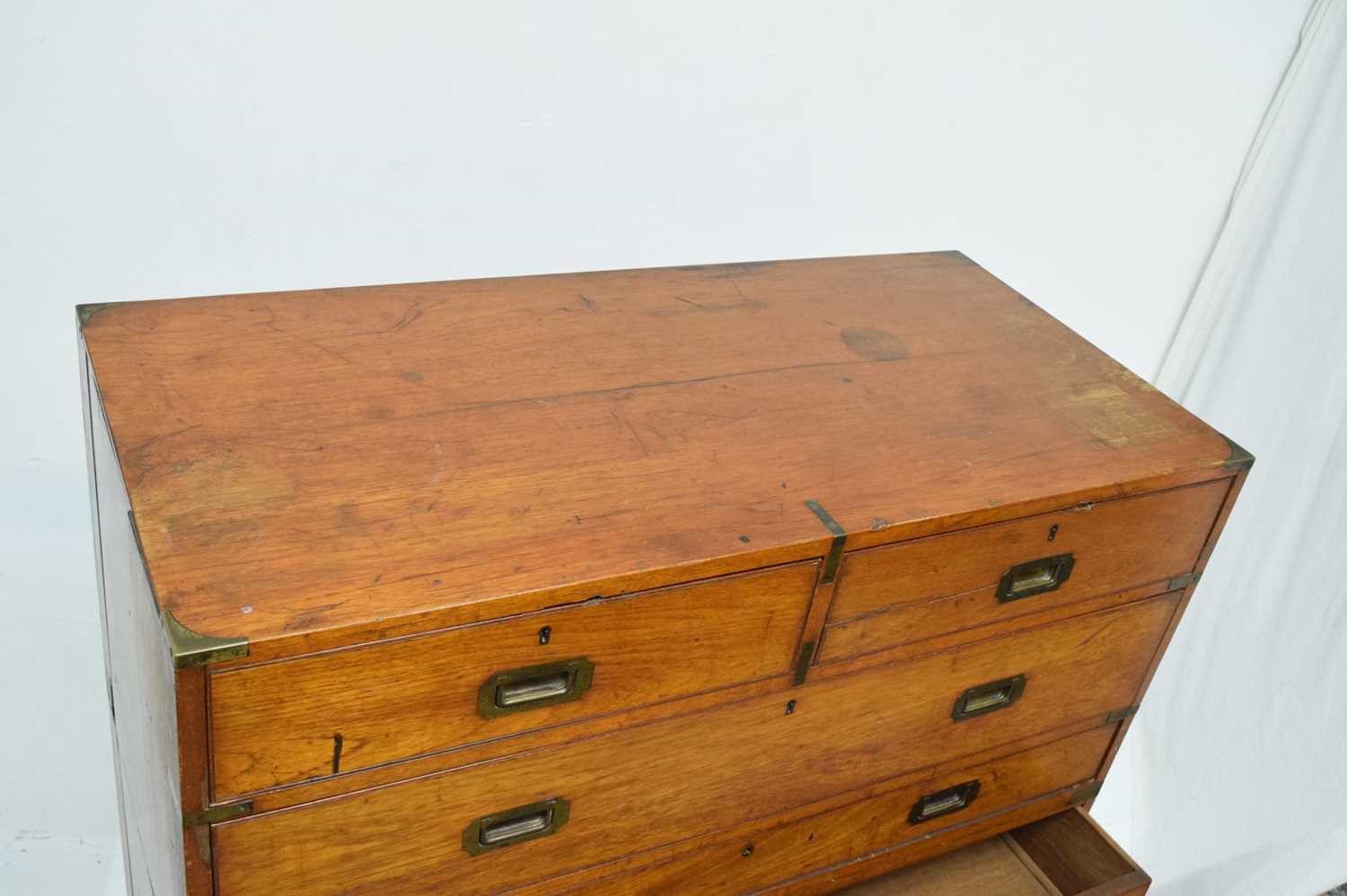 Late 19th century brass-bound teak campaign secretaire chest - Image 14 of 16