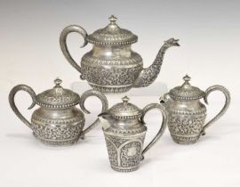 20th century South Asian (Cambodian or Malaysian) white metal four-piece tea set