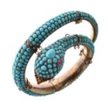 19th century turquoise, ruby and garnet bangle modelled as a snake