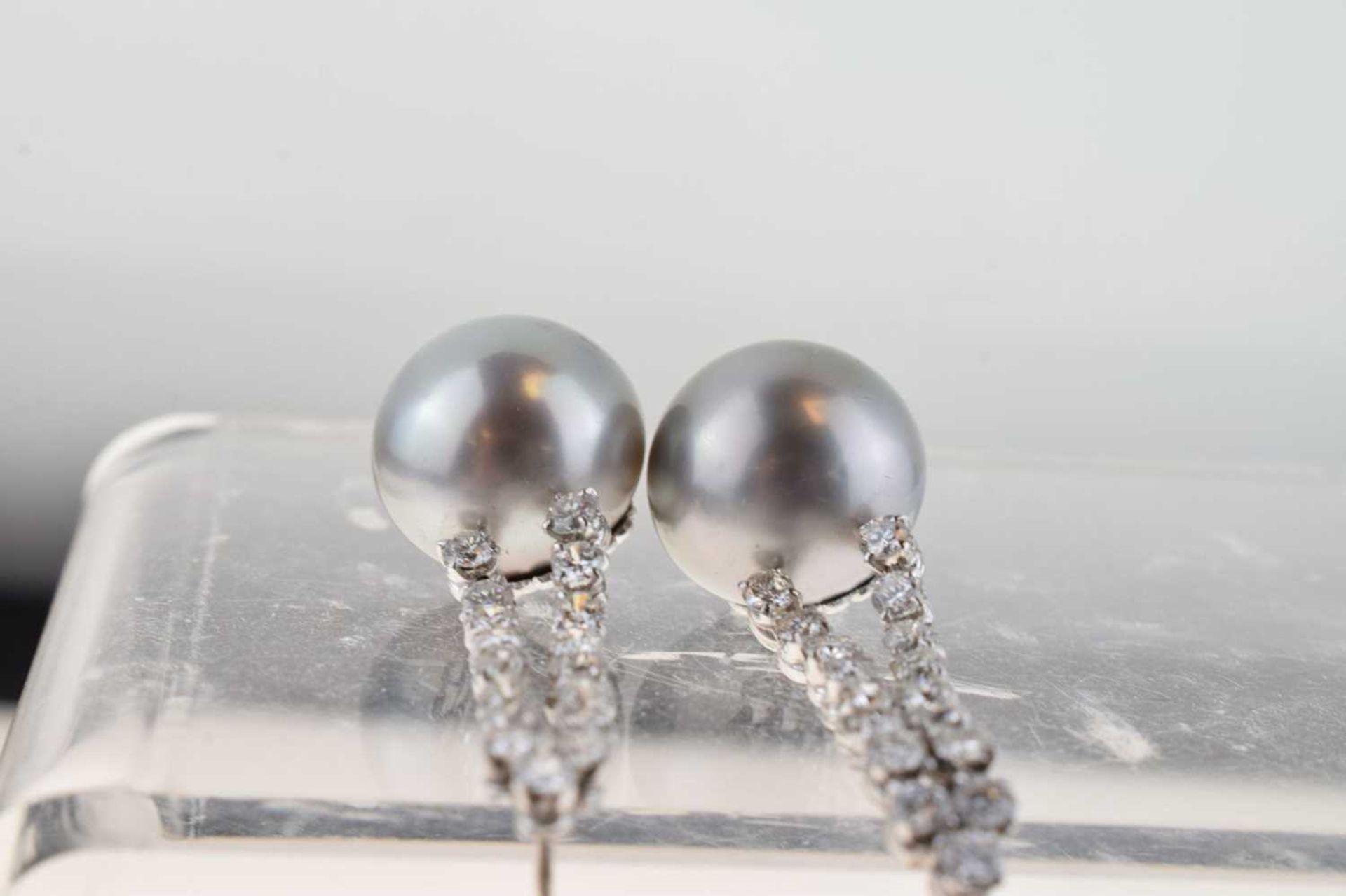 Pair of grey South Sea cultured pearl and diamond drop earrings - Image 6 of 10