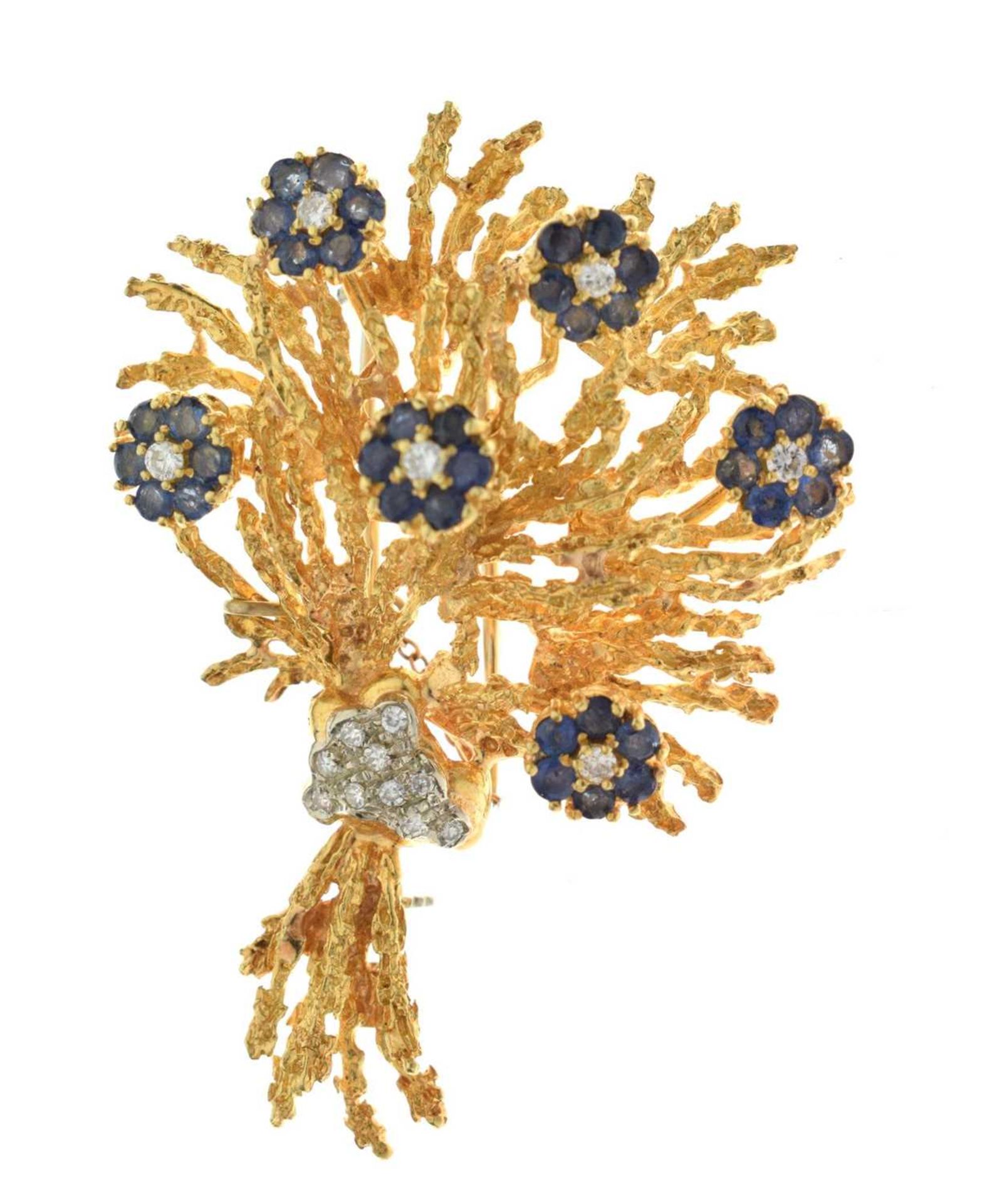 Diamond and sapphire 18ct yellow and white gold set floral spray brooch