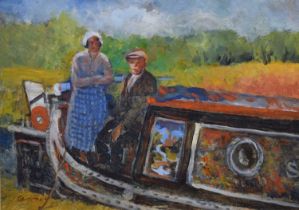 Reg Gammon (1894-1997) - Oil on board - Canal boat couple