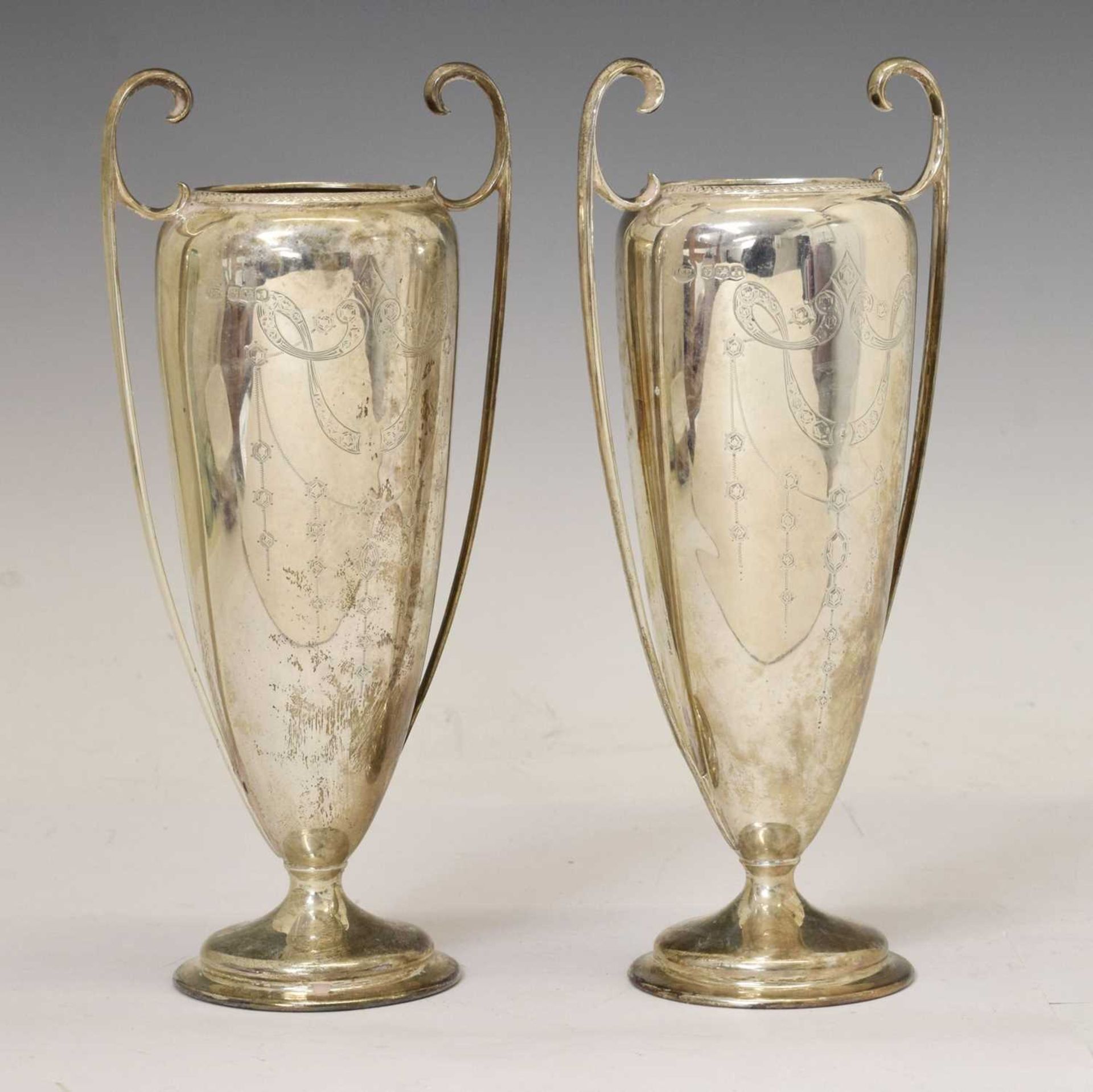 Pair of George V silver twin-handled vases
