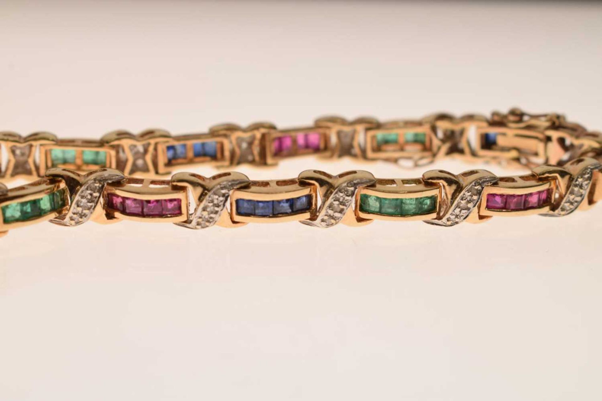 Diamond, ruby, sapphire and emerald yellow metal bracelet - Image 3 of 12