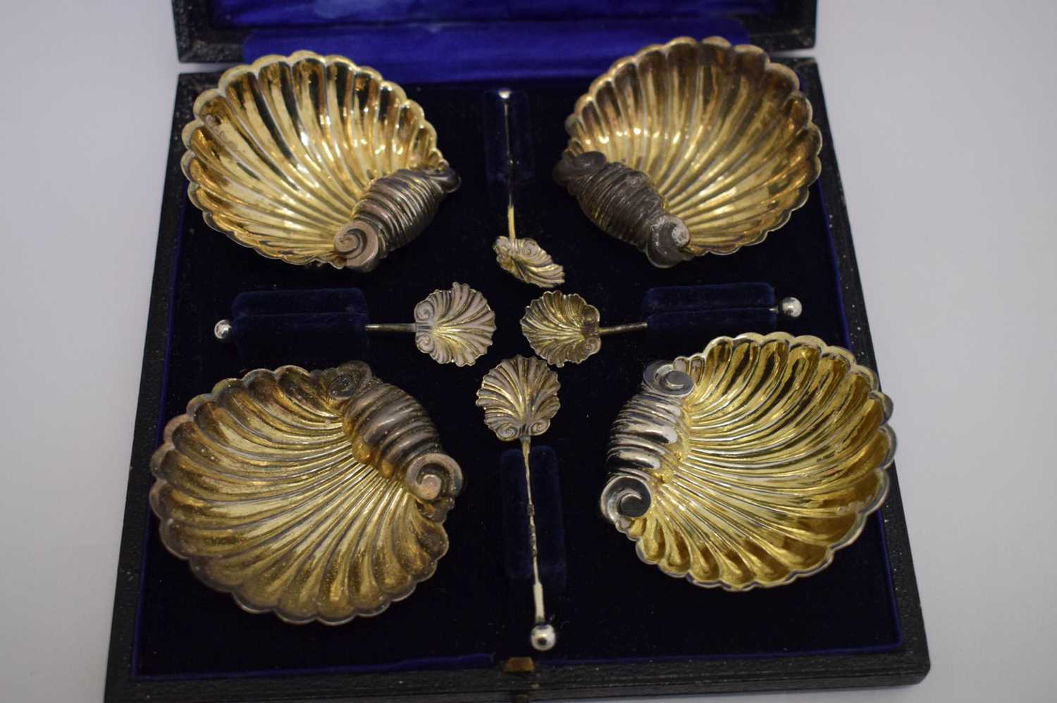 Set of four late Victorian silver shell salts, etc - Image 3 of 9