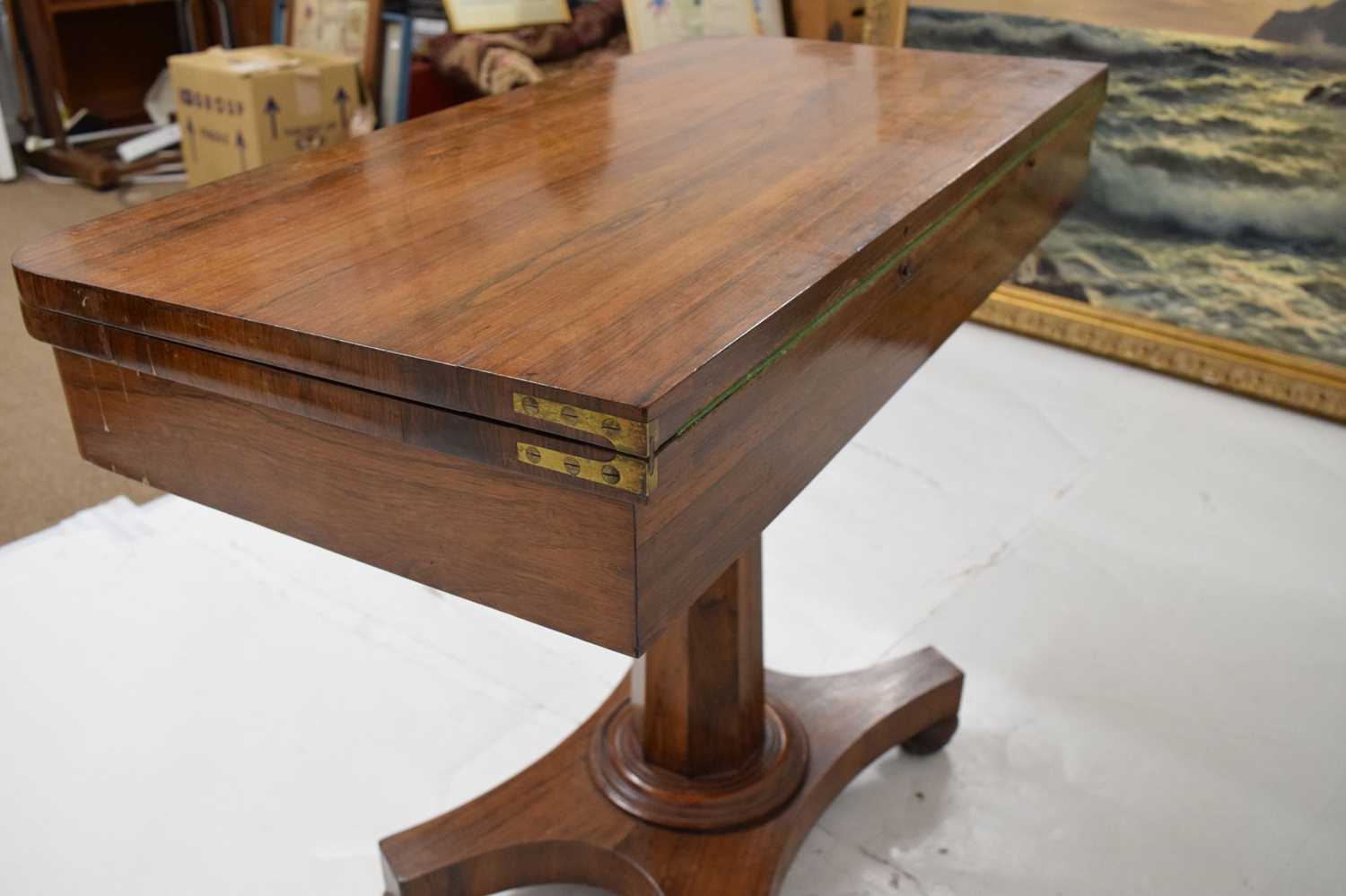 Second quarter 19th century rosewood fold-over pedestal card table - Image 5 of 10