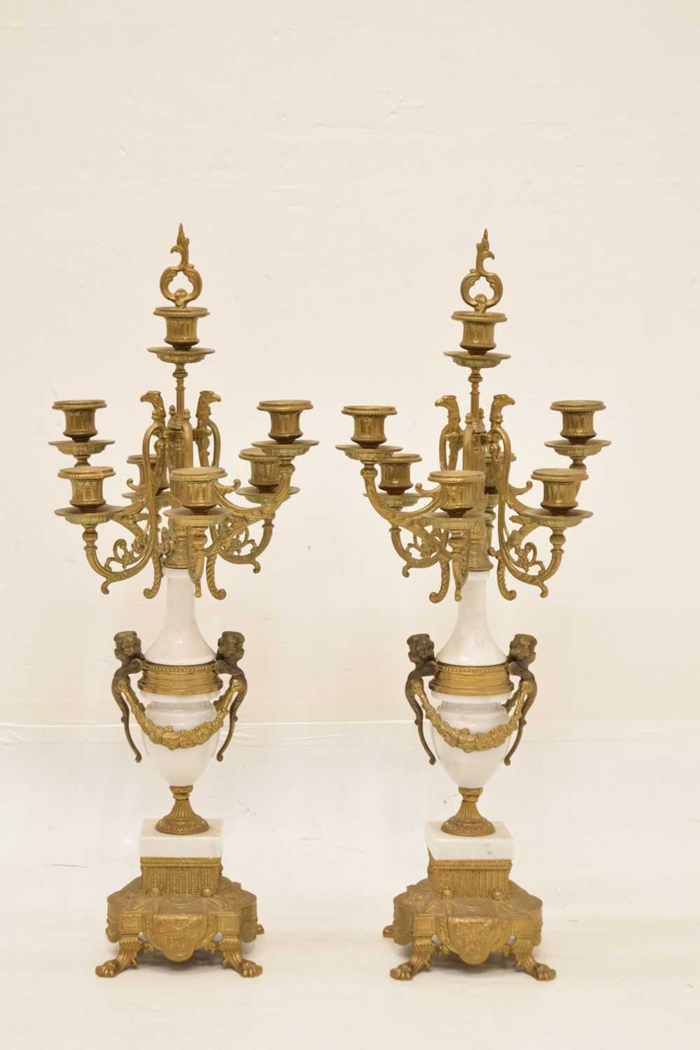 Reproduction French-style three-piece gilt metal and white marble clock garniture - Image 4 of 10