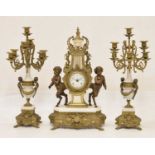 Reproduction French-style three-piece gilt metal and white marble clock garniture