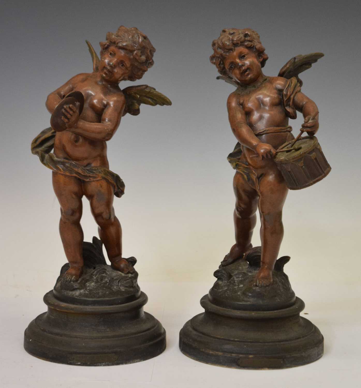 After L & F Moreau - Pair of bronzed spelter angel musicians