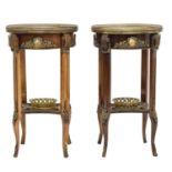 Pair of 20th century French walnut and marquetry two-tier occasional tables