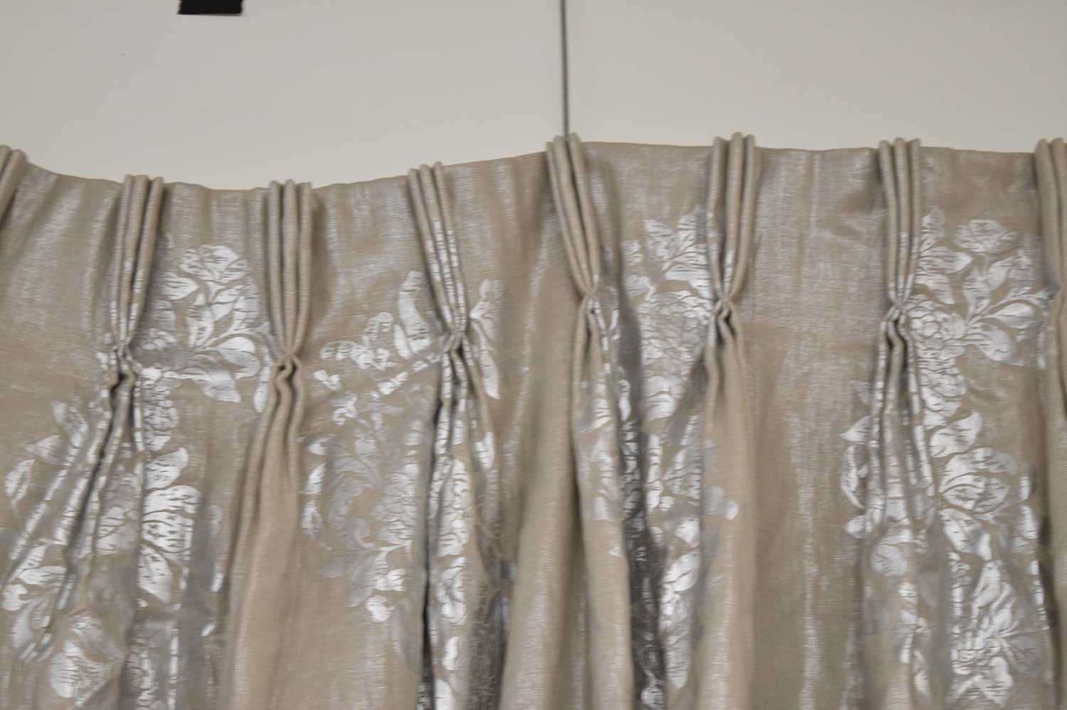 Three curtains, with silver printed floral design - Image 12 of 14