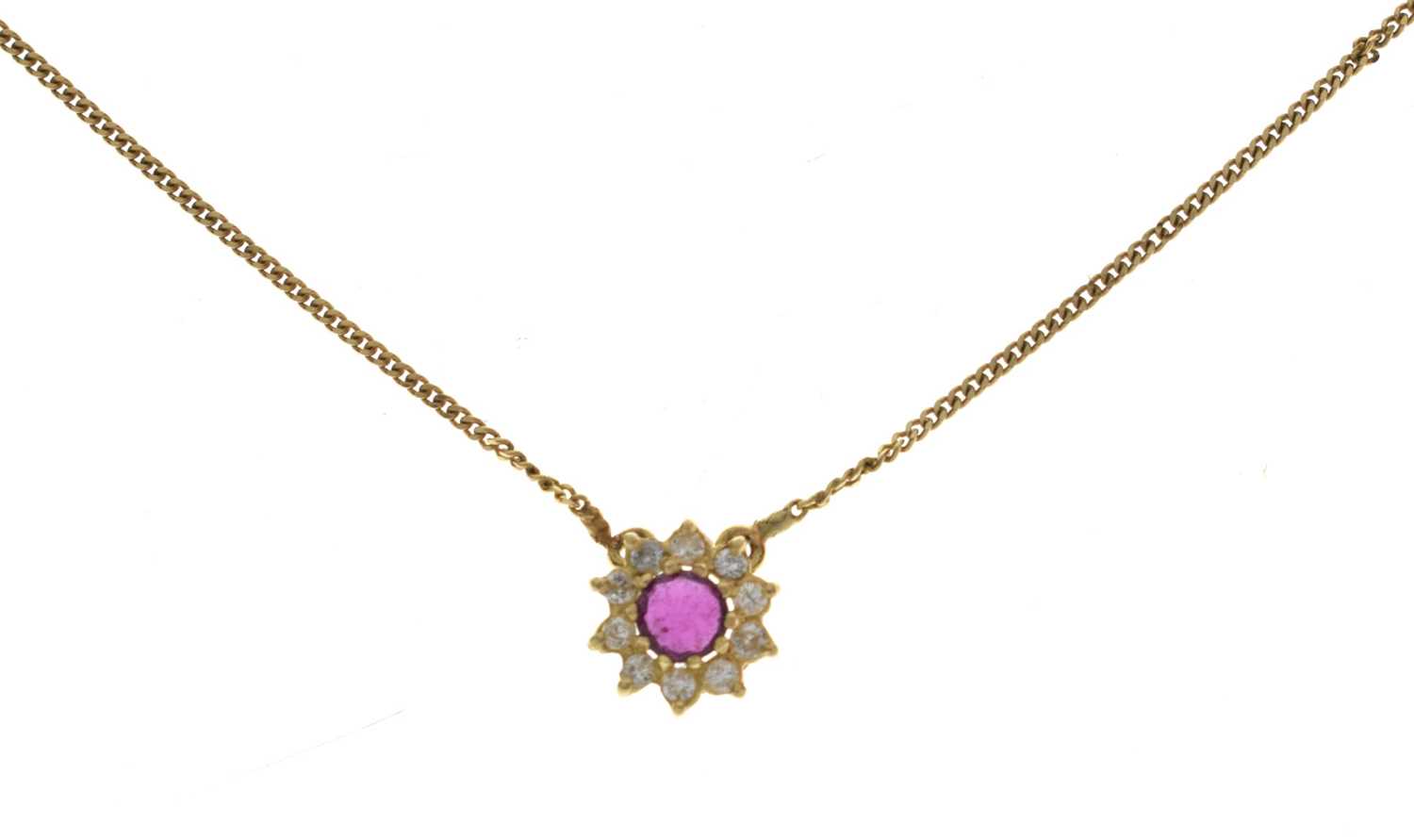 14ct gold ruby and diamond cluster pendant