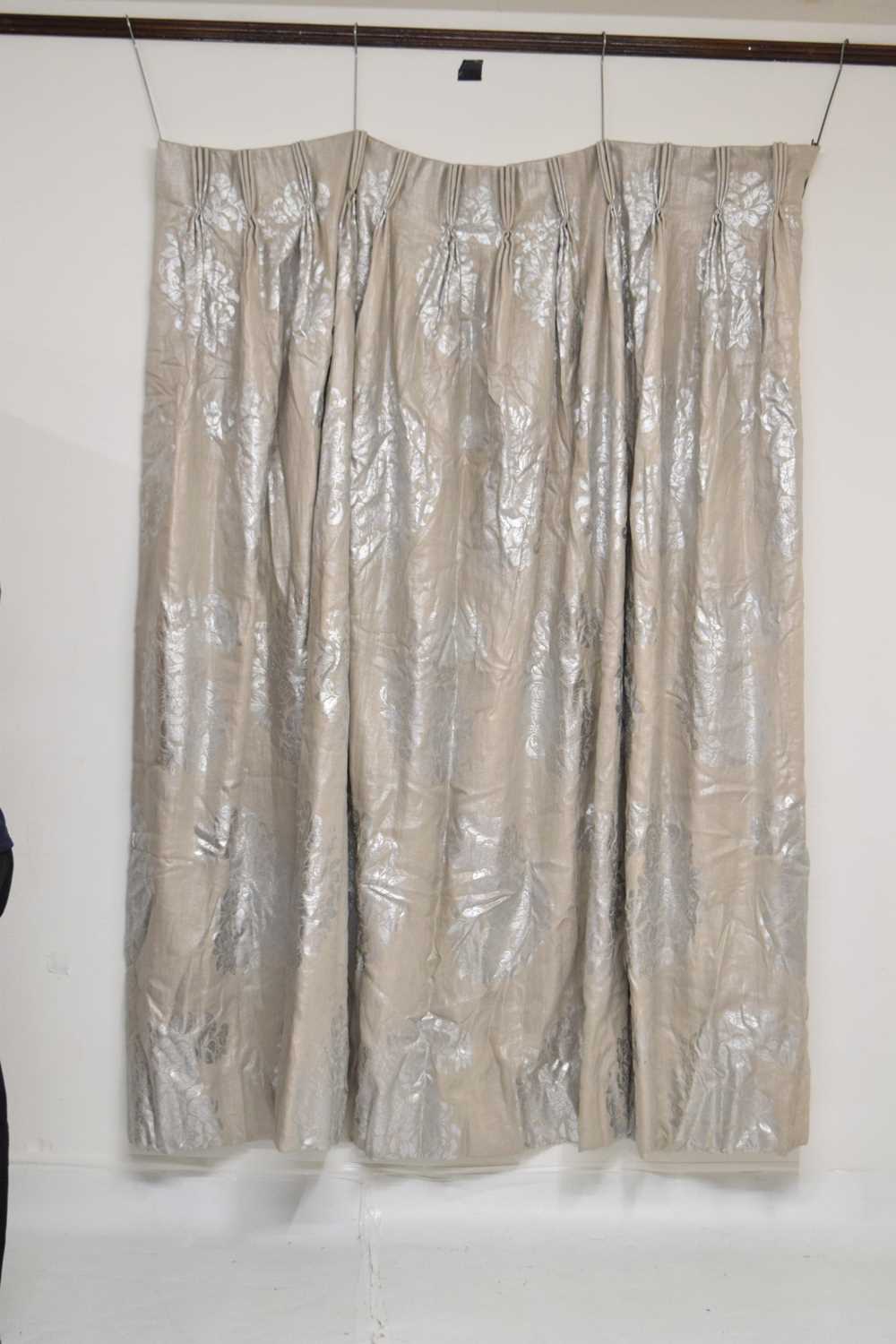 Three curtains, with silver printed floral design - Image 8 of 14