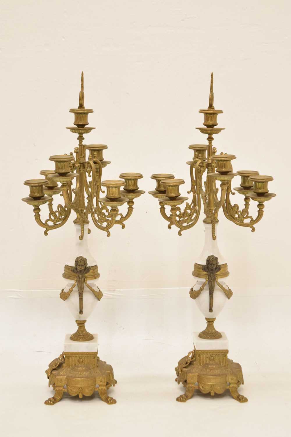 Reproduction French-style three-piece gilt metal and white marble clock garniture - Image 5 of 10