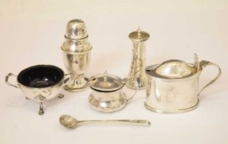 George V silver twin-handled salt, and a quantity of silver cruets