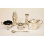 George V silver twin-handled salt, and a quantity of silver cruets