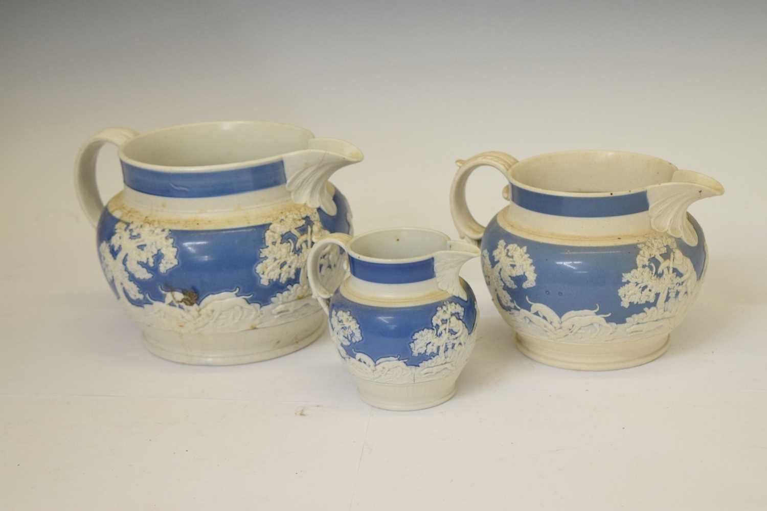 Two pairs of Staffordshire spaniels, together with three hunting jugs - Image 16 of 19