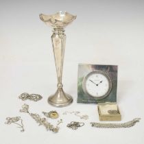 George V silver bud vase, a silver mounted desk clock, etc