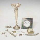 George V silver bud vase, a silver mounted desk clock, etc