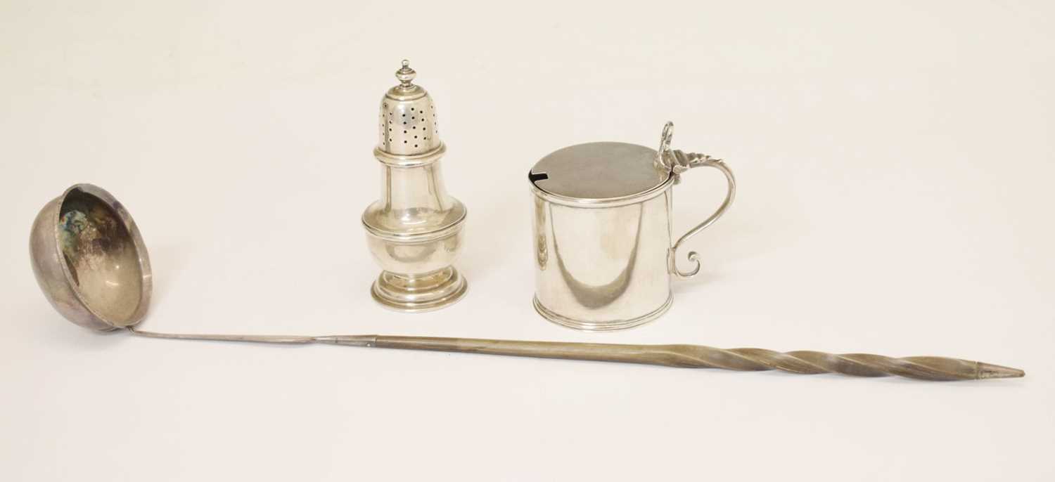 George III silver drum mustard pot, George VI silver pepperette, etc
