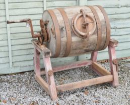 French iron-bound coopered oak butter churn on stand