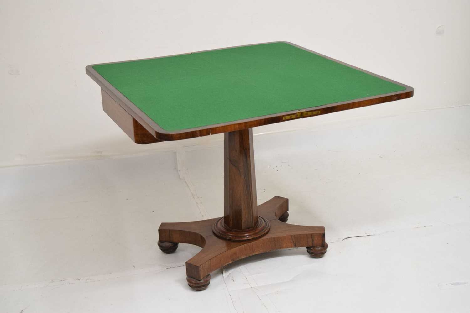 Second quarter 19th century rosewood fold-over pedestal card table - Image 9 of 10