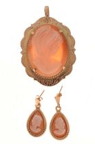 9ct gold cameo brooch plus earrings