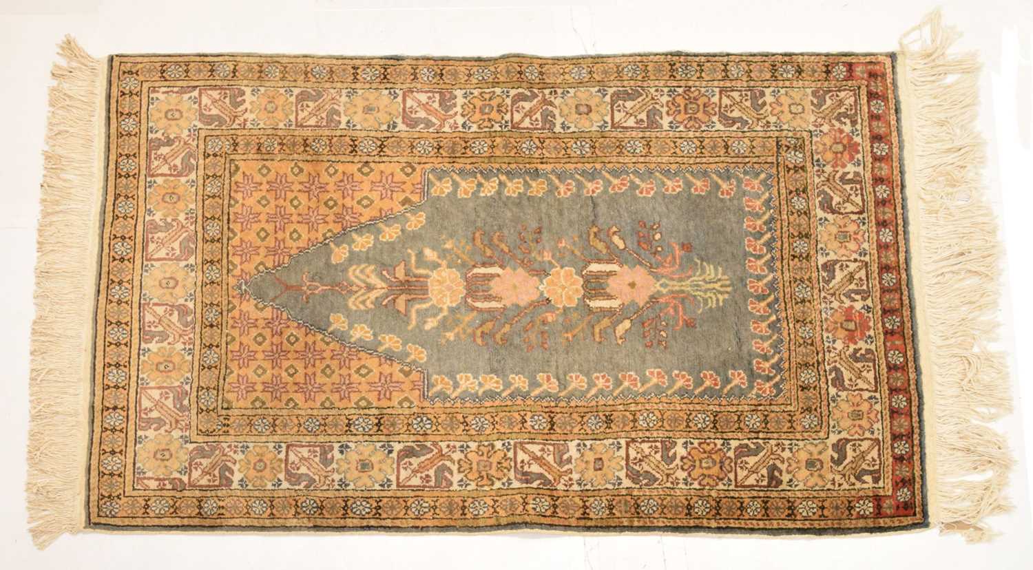 Small Middle Eastern blue and yellow ground prayer rug