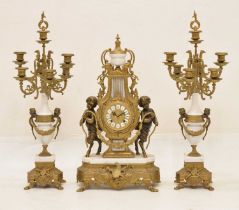 Reproduction French-style three-piece gilt metal and white marble clock garniture