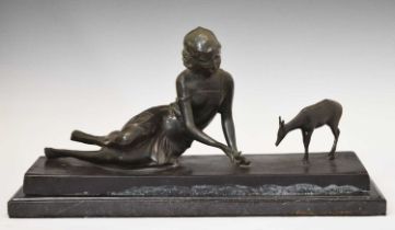 Art Deco- style bronze figure of a lady with a fawn