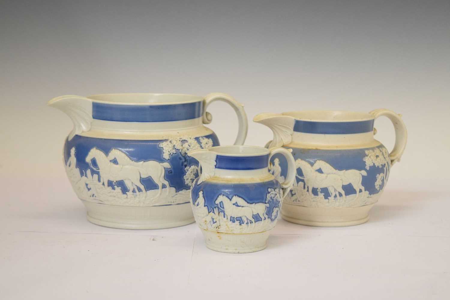 Two pairs of Staffordshire spaniels, together with three hunting jugs - Image 10 of 19