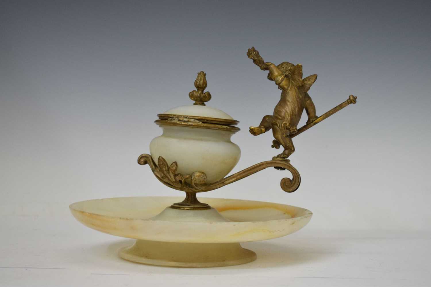 Early 20th century alabaster and gilt metal inkstand - Image 3 of 6