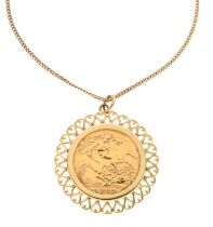 Elizabeth II gold half sovereign, 1982, in 9ct mount with chain