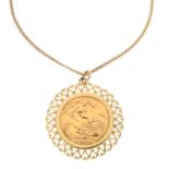 Elizabeth II gold half sovereign, 1982, in 9ct mount with chain