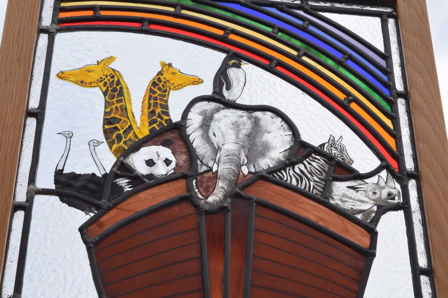 Late 20th century leaded stained glass Noah's Ark panel - Image 3 of 8