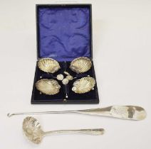 Set of four late Victorian silver shell salts, etc