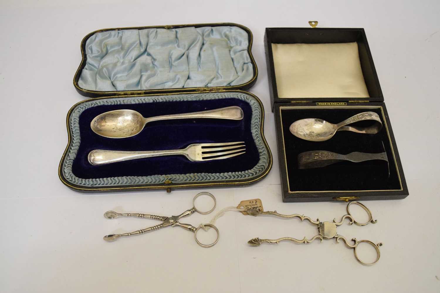 Pair of 18th century silver sugar nips, two cased silver Christening sets, etc - Image 2 of 12