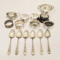 Set of six George III teaspoons, silver condiments, four napkin rings, etc