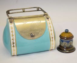 Copeland Spode biscuit barrel in the form of a handbag, and a Doulton Lambeth vesta