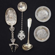 Pair of white metal dishes, a Dutch spoon, Austrio-Hungarian spoon, and a Victorian silver ladle
